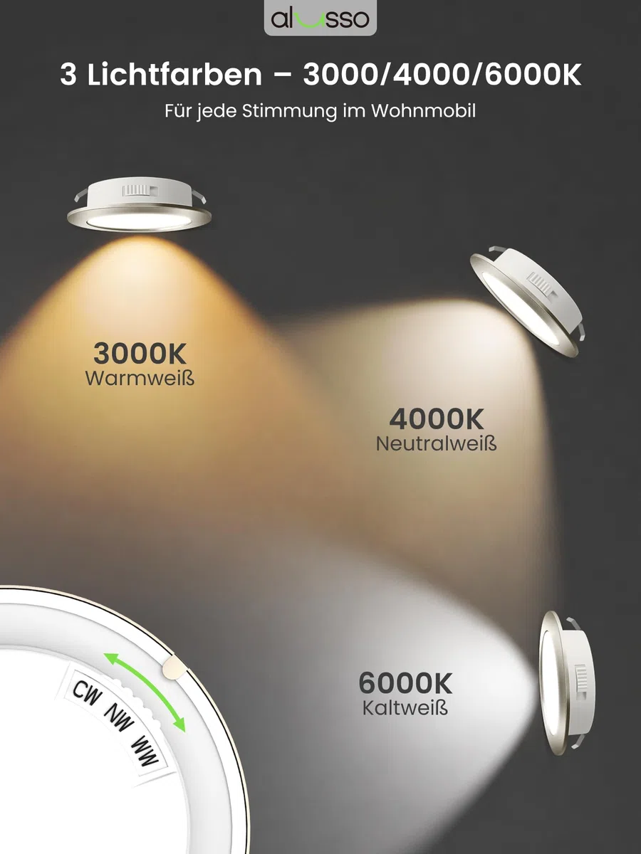 ALUSSO 6er Set 12V LED Einbaustrahler Decke 4W Möbel Einbaustrahler 3000K Warmweiß 4000K Neutralweiß 6000K Kaltweiß, Einbaustrahler LED Flach Bohrloch 55-58mm und 14.5mm Flache, IP44 Wasserdicht