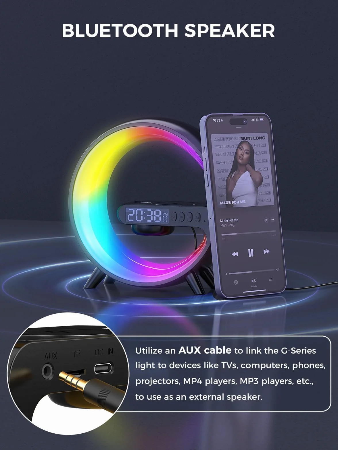 Smiling Shark Lichtwecker, Intelligente Wecker Licht Atmosphärenlicht 10 Modus mit Kabelloses Ladegerät und Bluetooth Lautsprecher Taste Steuerung Sonnenaufgang Licht Wecker für Wohnzimmer