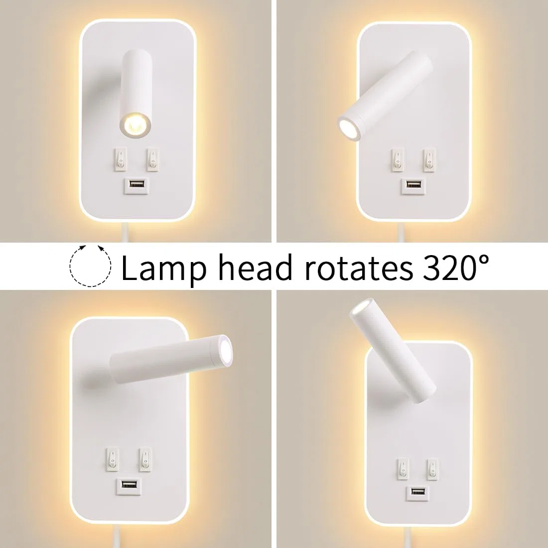 LED leselampe wandlampe USB-Aufladung mit schalter verstellbarer wandleselampe Bettlampe Wandleuchte innen Leselicht Schwenkbar Schlafzimmer 3W 3100K +9W 6000Kmit Stecker und Kabel, Weiß