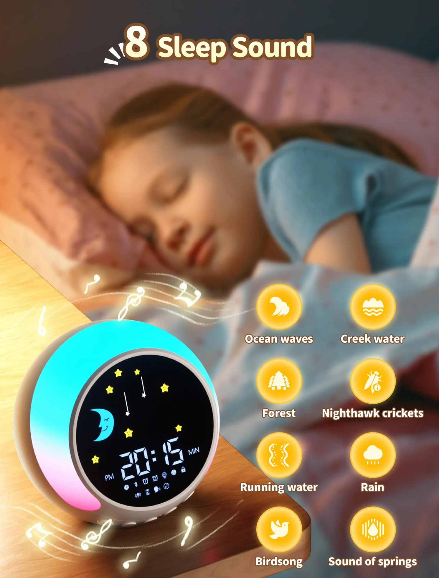 NEUTYPECHIC Kinderwecker für Schulanfänger, Bluetooth Schlummern Wecker Kinder mit Weißem Rauschen 11 Nachtlichtern, Lichtwecker Kinder 5 Stufen der Nachtlichthelligkeit mit Lautsprecher, Aufnahme