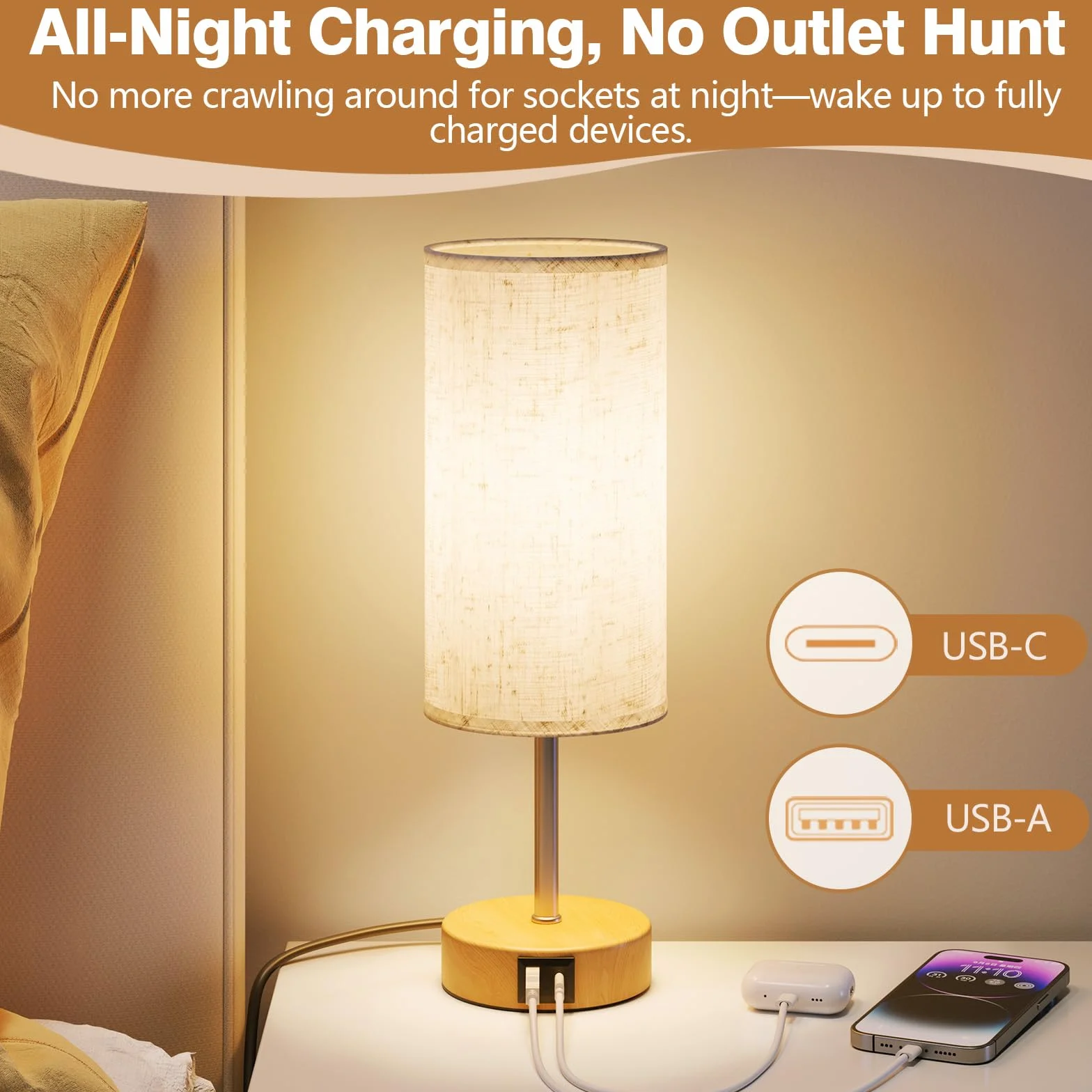 Nachttischlampe 2er Set, Tischlampe mit USB-A und USB-C Ladefunktion, Schreibtischlampe, Leselampe, Dekolampe, Touchdimmbar, 3 Stufen Warmlicht, Leinen-Lampenschirm, 1,5m Kabel(E27-Lampe inkl)