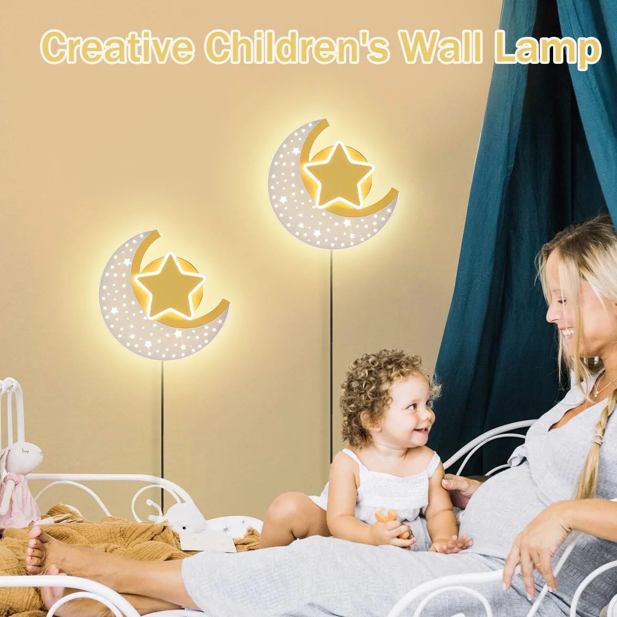 KZT LED Wandleuchte mit Stecker 3 Farben Einstellbar Wandlampe Kinderzimmer Touch Schalter Mond Nachttischlampe mit 180cm Kabel Innen Wandbeleuchtung Deko für Kinder Madchen Junge Schlafzimmerlampe