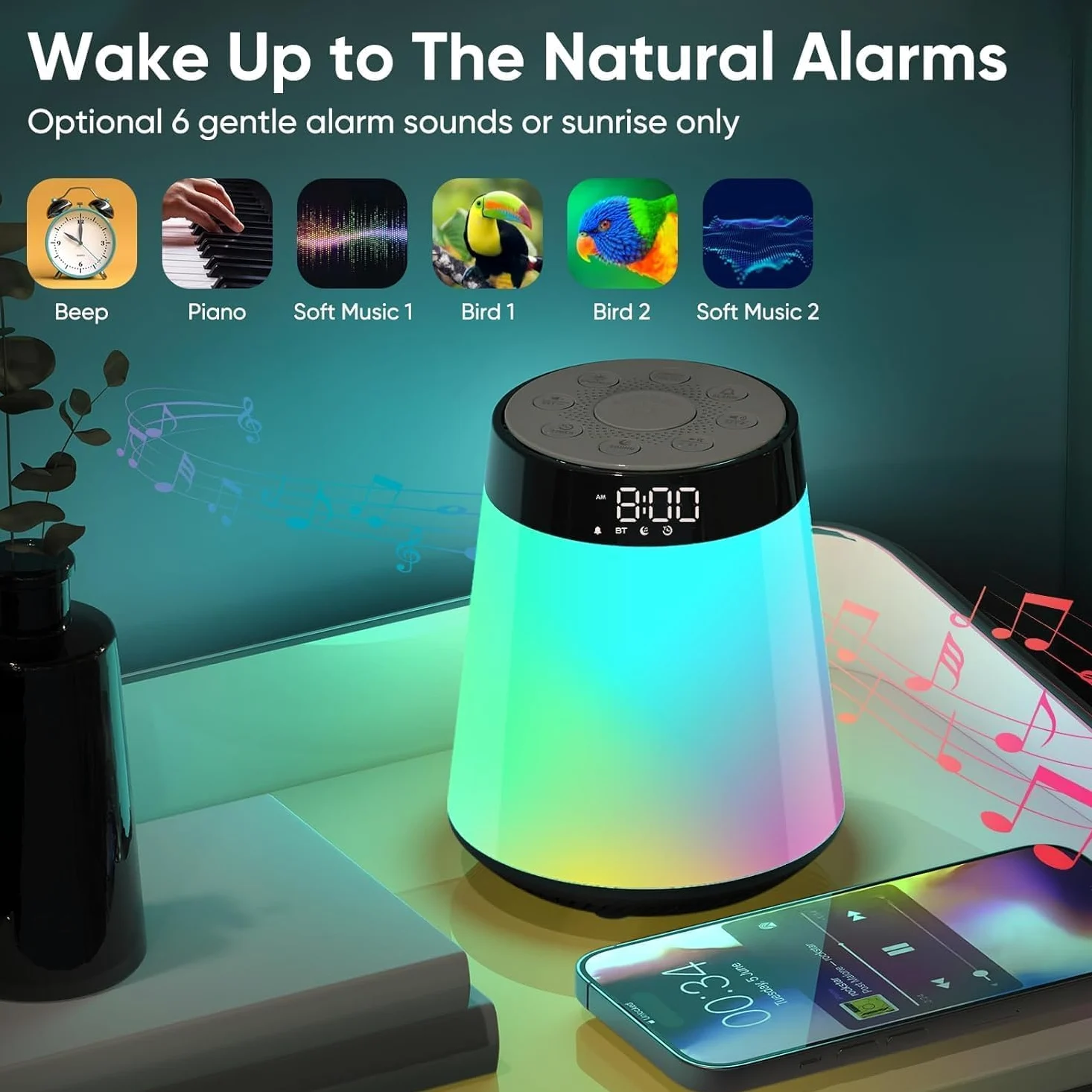 Bluetooth Lautsprecher mit Licht Wecker Soundmaschine mit 30 beruhigenden Sounds & Schlaftimer, Touch Dimmbar Lampe und Nachtlicht Frauen Männer Mädchen Junge Kinder Teens