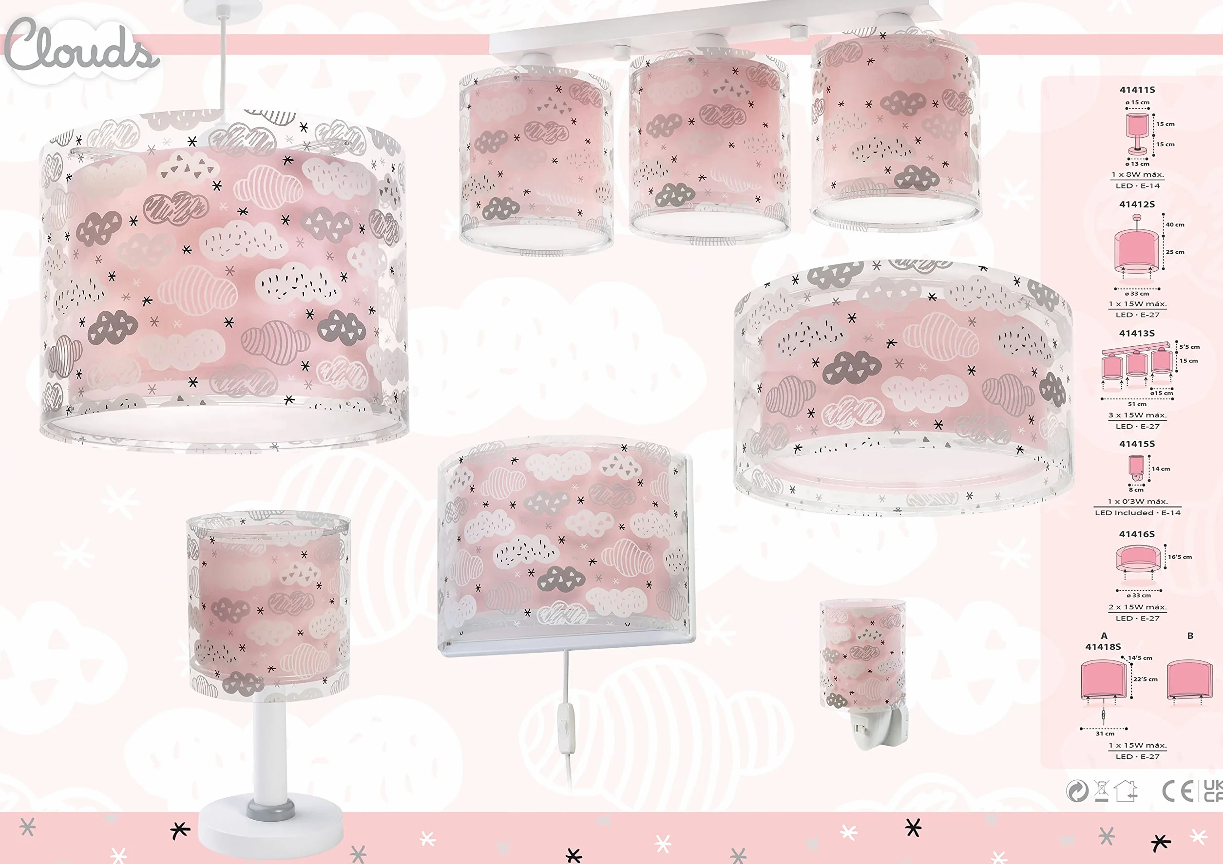 Dalber kinder Wandlampe kinderzimmer, Kinderlampe Wandleuchte Clouds Rosa kinderzimmerlampe, 41418S, E27