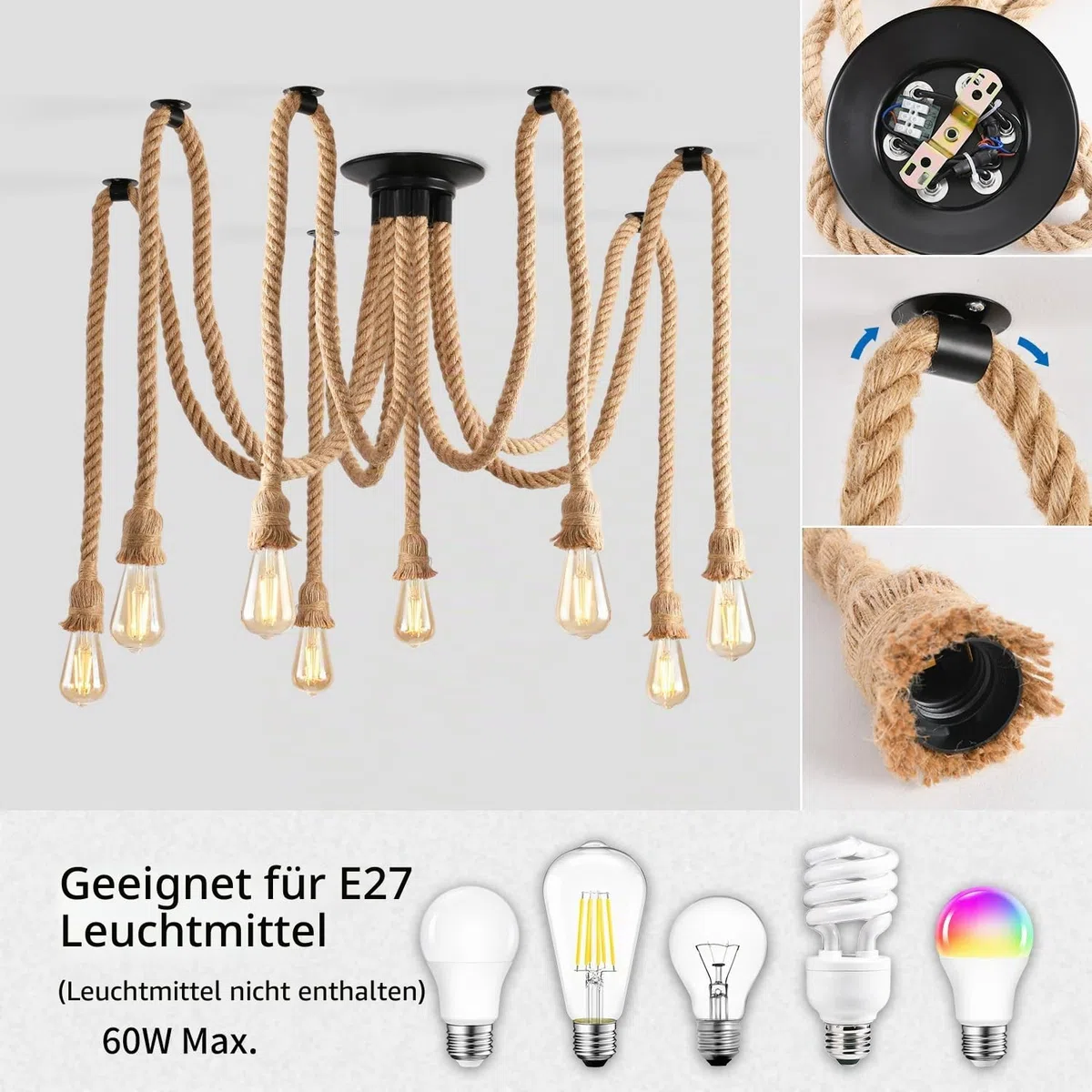 ANWIO Hanfseil Deckenlampe Pendelleuchte 8 Flammig, Spinne Kronleuchter, Hanfseil DIY Deckenleuchte Küche, Retro Hängelampe, Seil Pendellampe E27 für Speisesaal Schlafzimmer Wohnzimmer Esszimmer Hotel