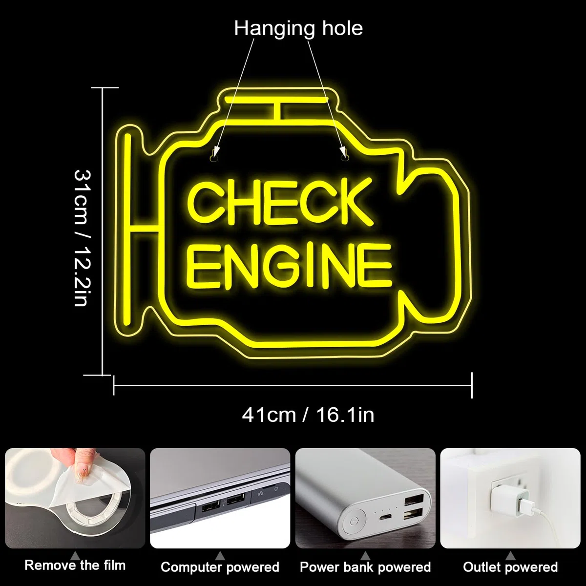 Horseneon Check Engine Neon Schild für Garage LED Schilder Leuchtschilder für Autowerkstatt USB-Dimmer Neon Sign gelbe Neon Light für Wanddekoration Auto Zimmer Männerhöhle Garage Werkstatt