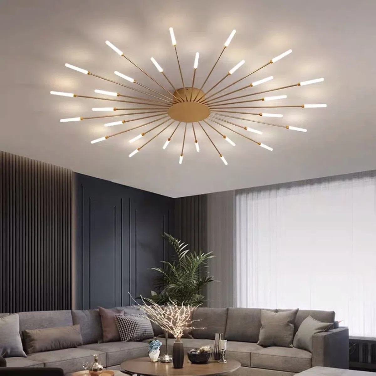 Feuerwerk-Design LED Deckenleuchte Nordischer Stil Halbbündige Montage Kronleuchter Cluster-Design Metall Deckenlampe Für Wohnzimmer Schlafzimmer,Black+3 Colour Light-30 Heads-60W