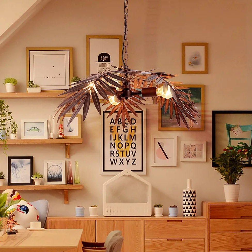 Bronze Vintage verstellbare tropische Kokosnussbl?tter Kronleuchter Rustikale Baumlampen Wohnzimmer Esszimmer Schlafzimmer K¨¹che h?ngende Beleuchtungsk?rper
