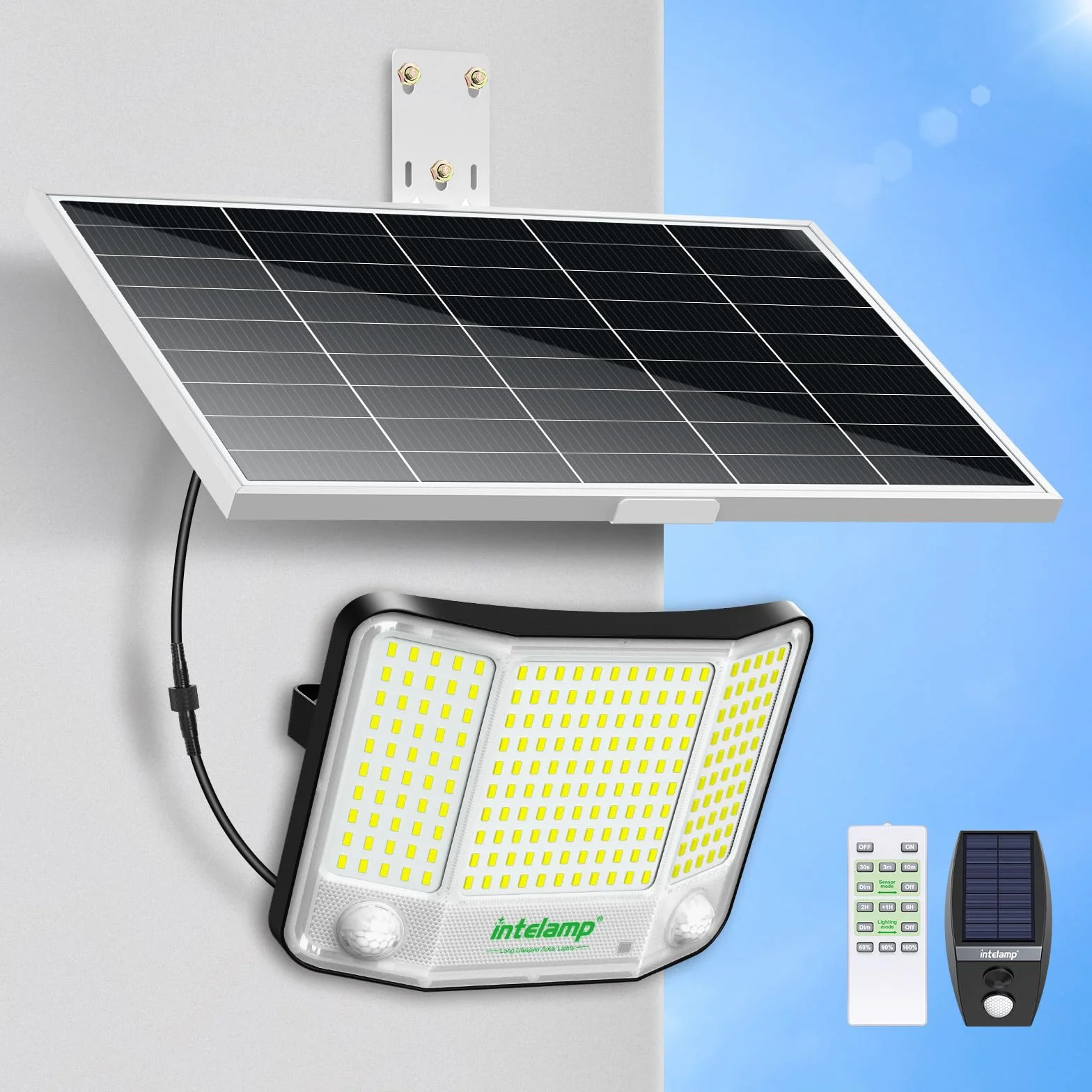 INTELAMP Solarstrahler Außen 4000LM 6500K mit Bewegungsmelder Fernbedienung