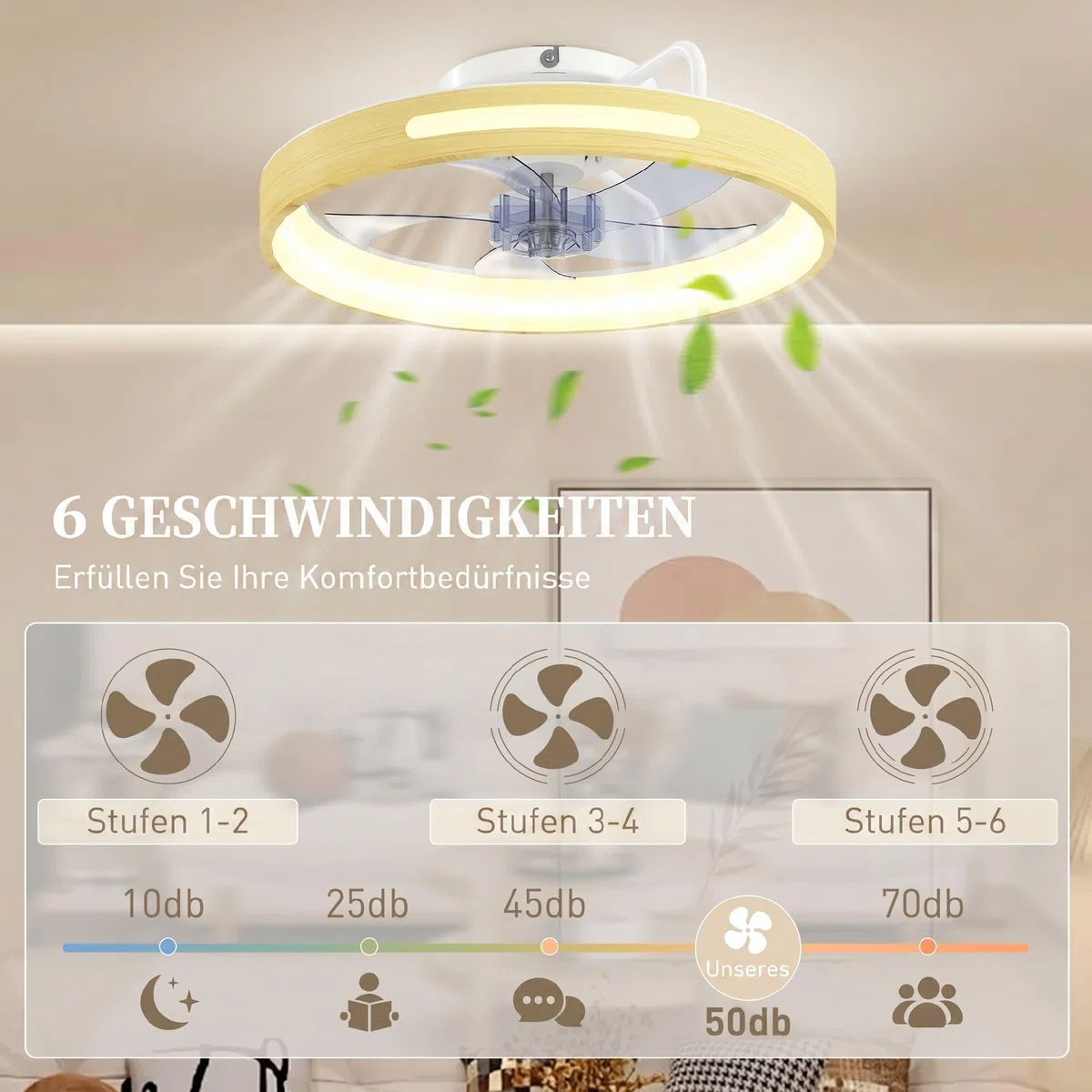 HOMCOM Deckenleuchte mit Ventilator, Ø49 cm Leise LED Deckenventilator mit Beleuchtung, Fernbedienung, 6 Geschwindigkeiten, 3 Farbtemperaturen, umkehrbarem DC-Motor, Timer für Wohnzimmer, Schlafzimmer