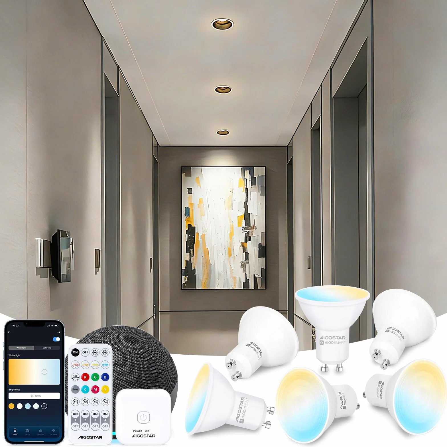 Aigostar Mesh - 6.5W GU10 Alexa Glühbirne Bluetooth Mesh, Smarte Glühbirne Funktioniert mit Alexa, GU10 LED Smart Bulb 555LM CCT(2700K-6500K), 6 Stücke (mit Bluetooth-Fernbedienung und Gateway)