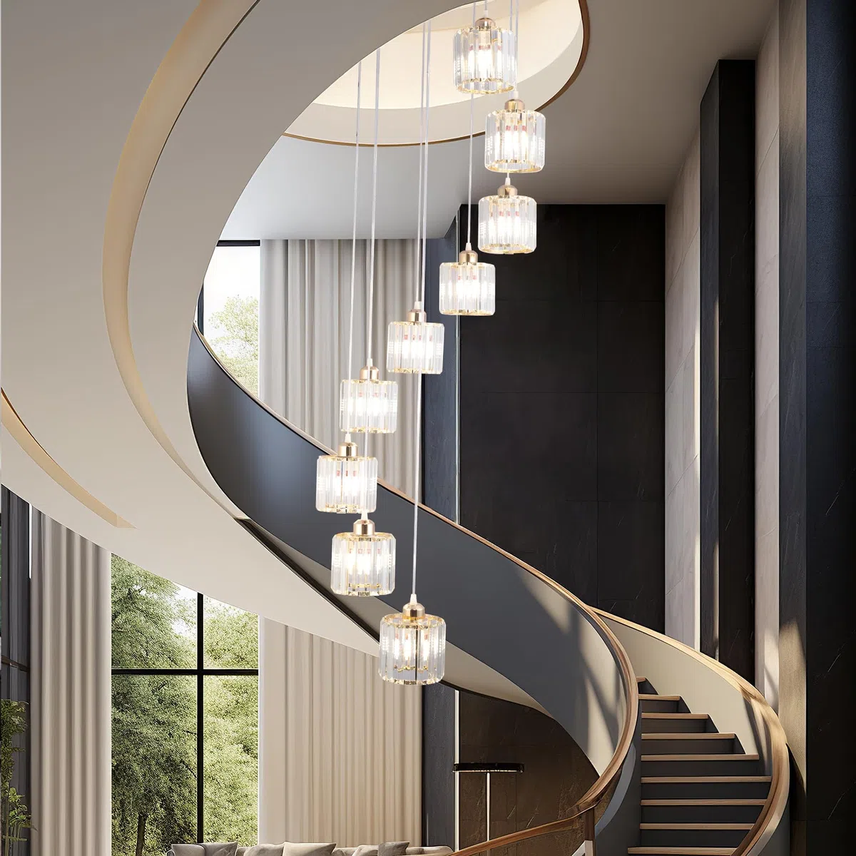 Hohe Decken Lange Kronleuchter Moderne Kristall-Pendelleuchte Raindrop Drop Lampe Hängende Kronleuchter Deckeneinbauleuchten für Treppenhaus, Foyer, Eingangsbereich Gold 9 Leuchten