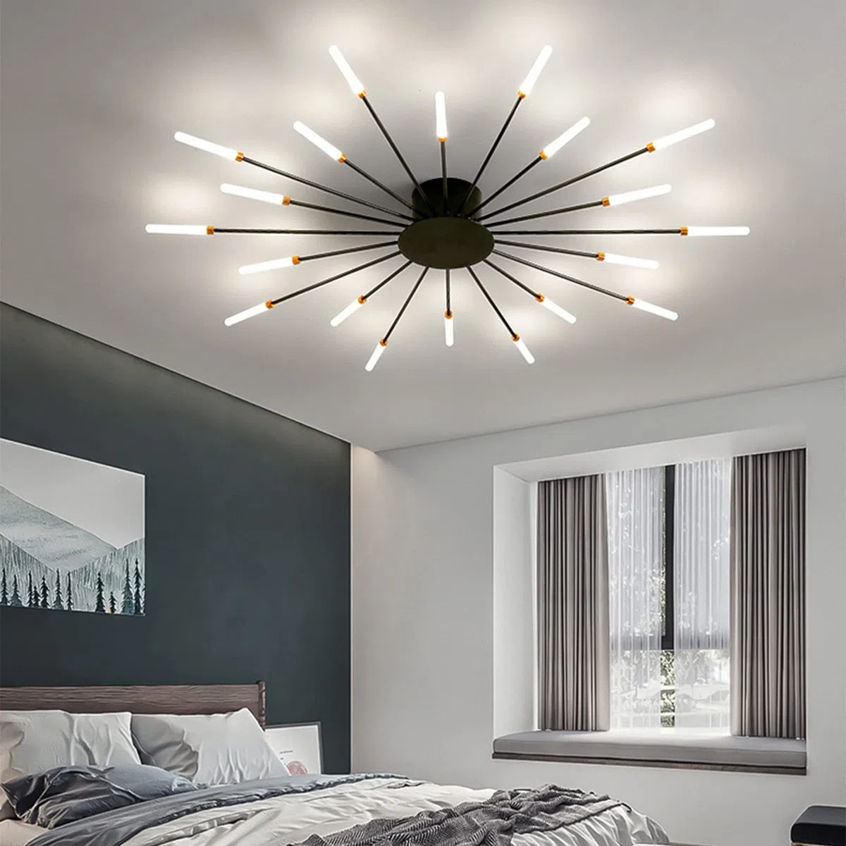 Feuerwerk-Design LED Deckenleuchte Nordischer Stil Halbbündige Montage Kronleuchter Cluster-Design Metall Deckenlampe Für Wohnzimmer Schlafzimmer,Black+3 Colour Light-30 Heads-60W