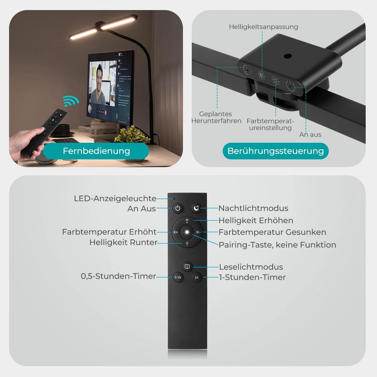 vatato Doppelkopf Schreibtischlampe LED, Dimmbar 24W 80CM Schreibtischlampe für Homeoffice, klemmbar Augenschutz Tageslichtlampe mit Fernbedienungen, 5 Farb 5 Helligkeit Büro Tischlampe (schwarz)