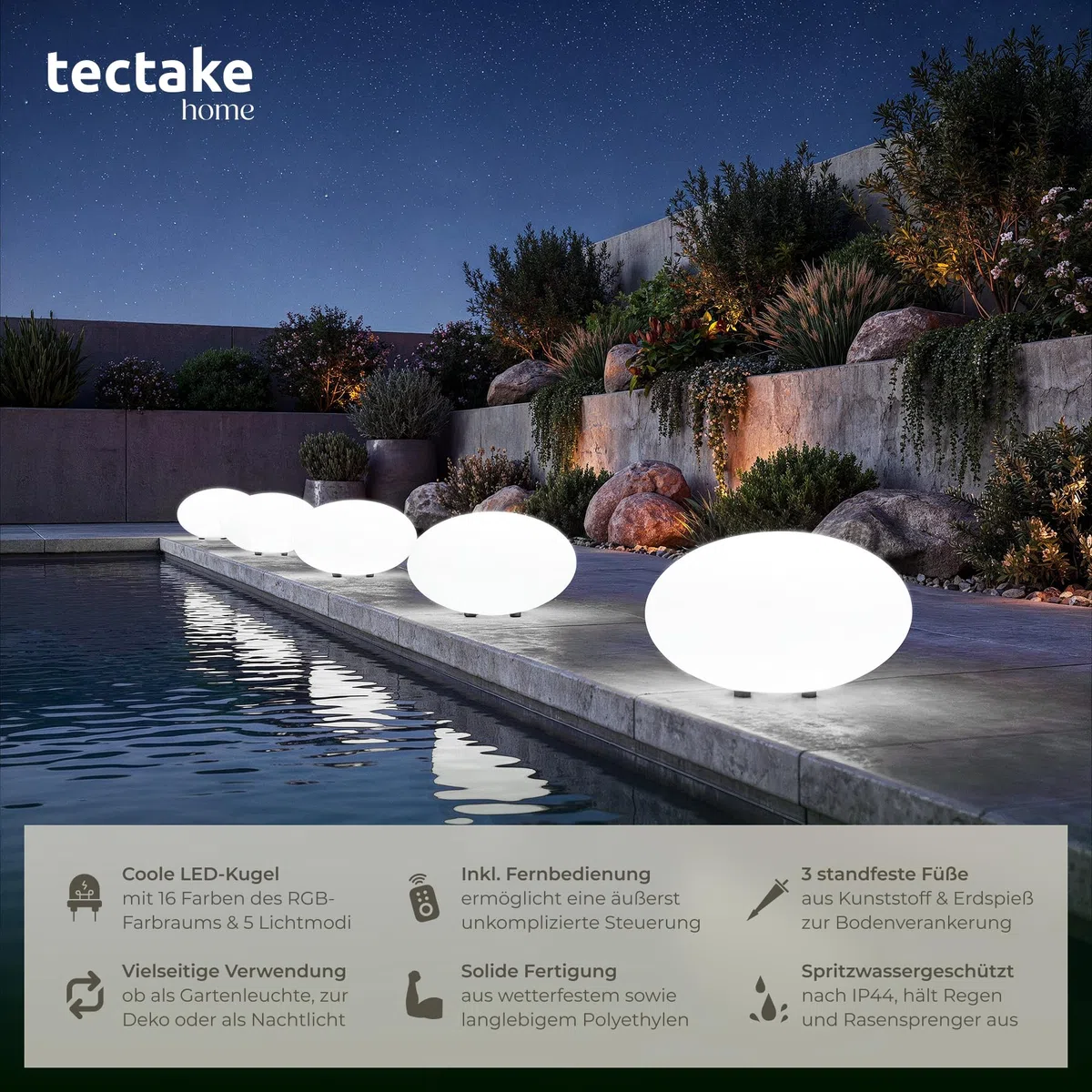 tectake® LED Kugelleuchte, Ø 35 x 21,5 cm, outdoor Lampe, Deko Garten, Beleuchtung Garten oder Nachttischlampe, LED Tischlampe, Deko Wohnzimmer, Balkon Deko, Wegeleuchten außen, Außenleuchte- Size M