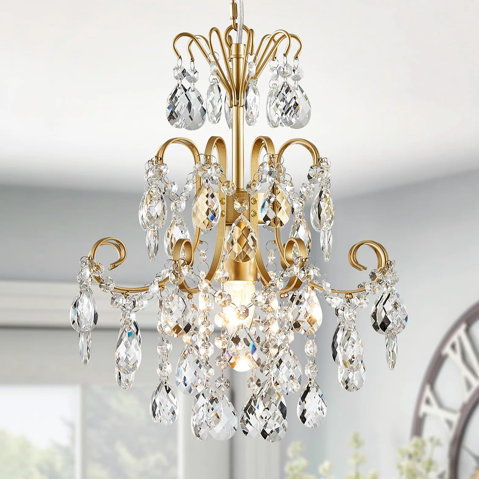 WUZUPS Kristall Kronleuchter 1-Licht Pendeldeckenleuchte Moderne Beleuchtung für Schlafzimmer Flur Bar Küche Badezimmer, H 39.9cm x B 35cm, E14 Base, Gold