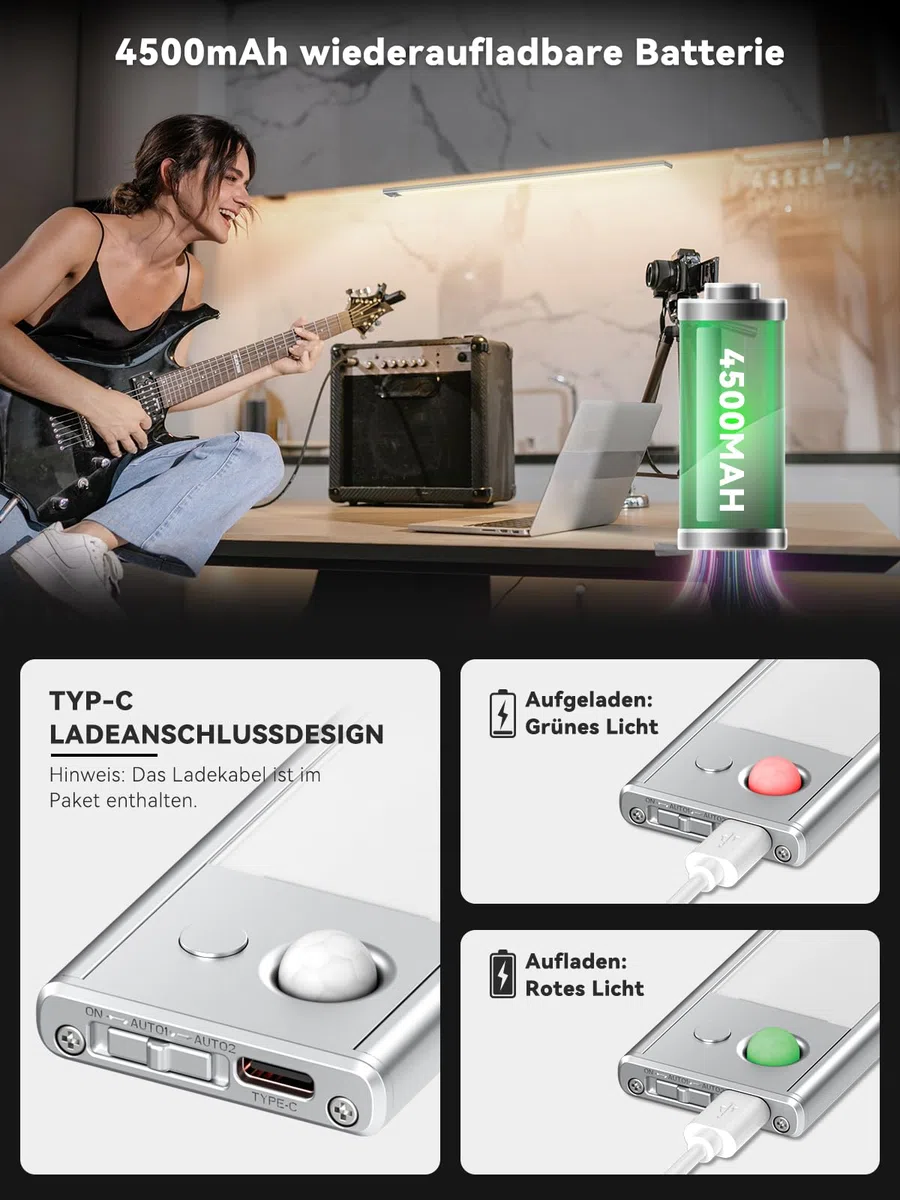 60CM Unterbauleuchte Küche LED Dimmbar, 216 LEDs Schrankbeleuchtung mit Bewegungsmelder, 4500mAh wiederaufladbar Beleuchtung LED leiste, 3 Farbmodi magnetische Led Leiste für Schrank,Kleiderschrank