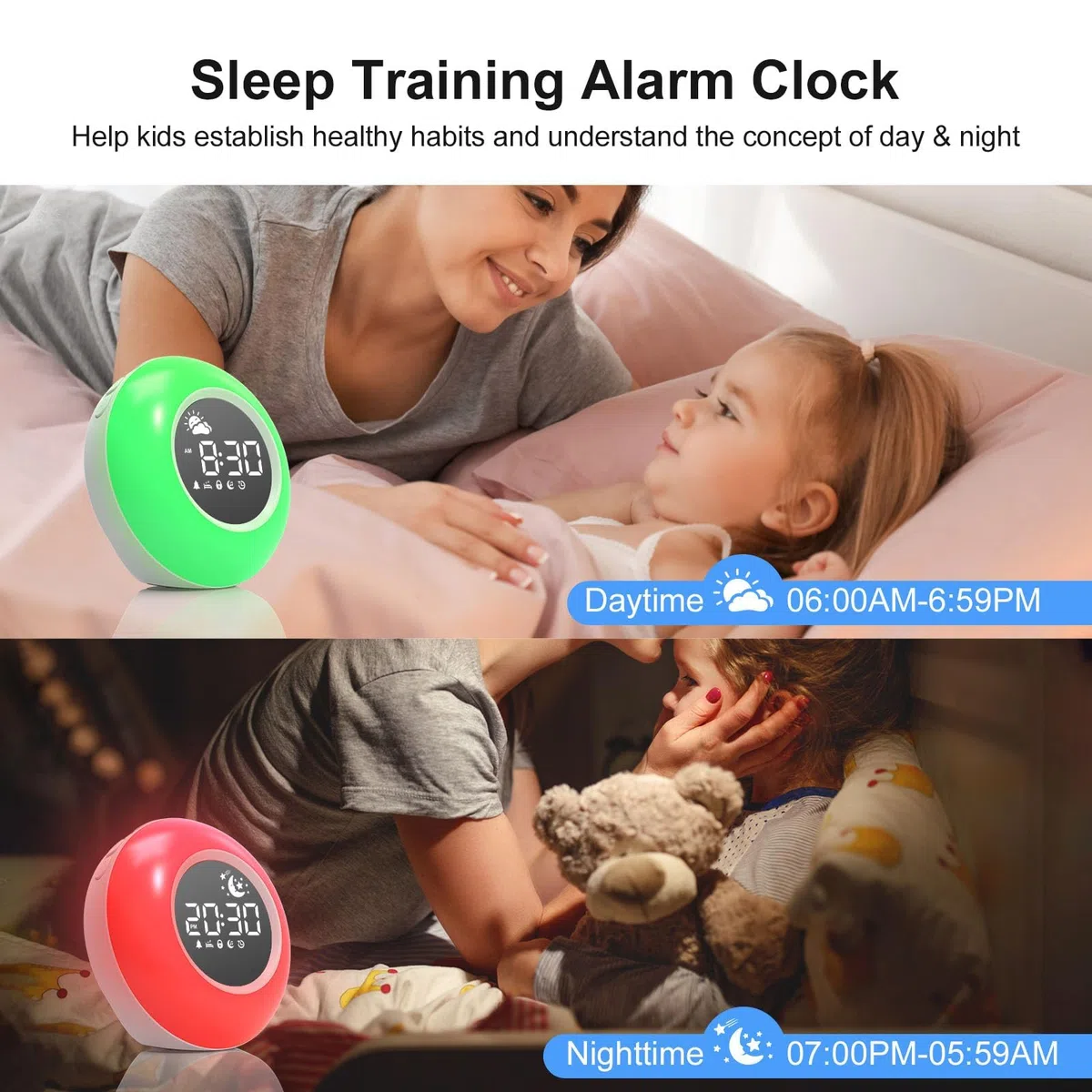 APUZOM Wecker mit Nachtlicht Wecker mit Licht Tischuhr ohne Tick,Geschenke für Mädchen Jungen,Kind Schlaftrainer mit Nachtlicht, Customized Lichtwecker mit 12 White Noise, Snooze und Timer