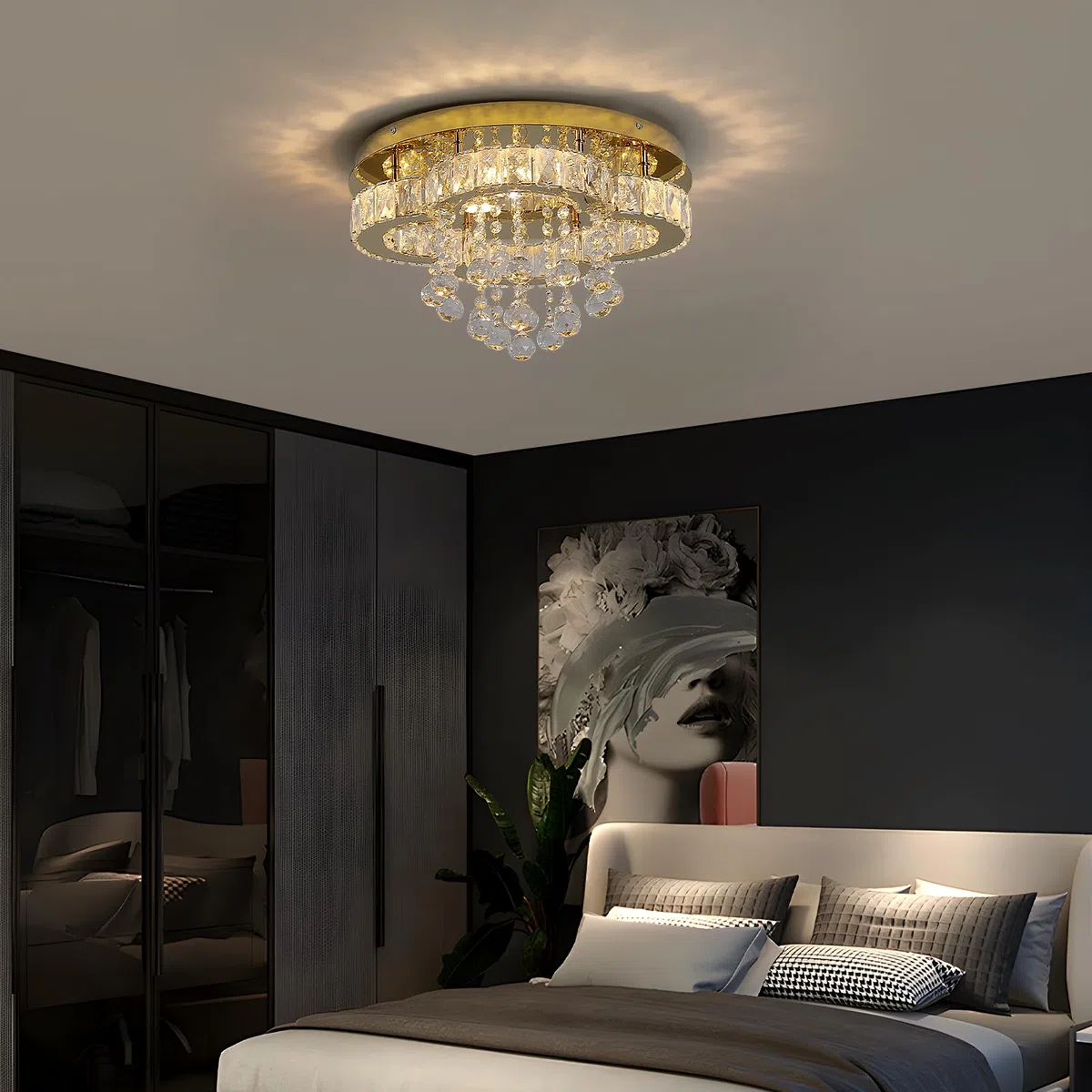 GreeLustr Moderne Kristall Kronleuchter für Wohnzimmer, Variables Licht Deckenleuchte Kristalle mit Elegantem Design für Schlafzimmer Flur Küche, Golden Deckenlampe Kristall für Decke (40cm)