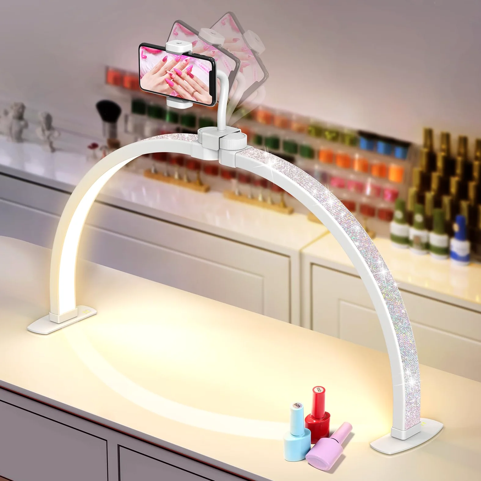 Desktop Halbmondlampe für Nägel: 23" LED Halbmond Wimpern Lampe mit Telefonhalter - 3 Farbmodi Und 10 Helligkeitsstufen Einstellbar Halbmondlicht für Nagelstudio Handwerk (Diamant, Klein)