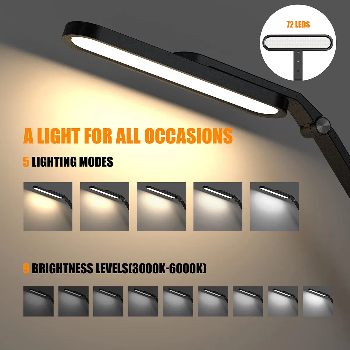JKSWT Schreibtischlampe, für die Augenpflege Dimmbare Tischlampe mit 5 Farbmodi 72 LEDs mit USB-Ladeanschluss Touch-Steuerung und Memory-Funktion Bürolampe,Schwarz