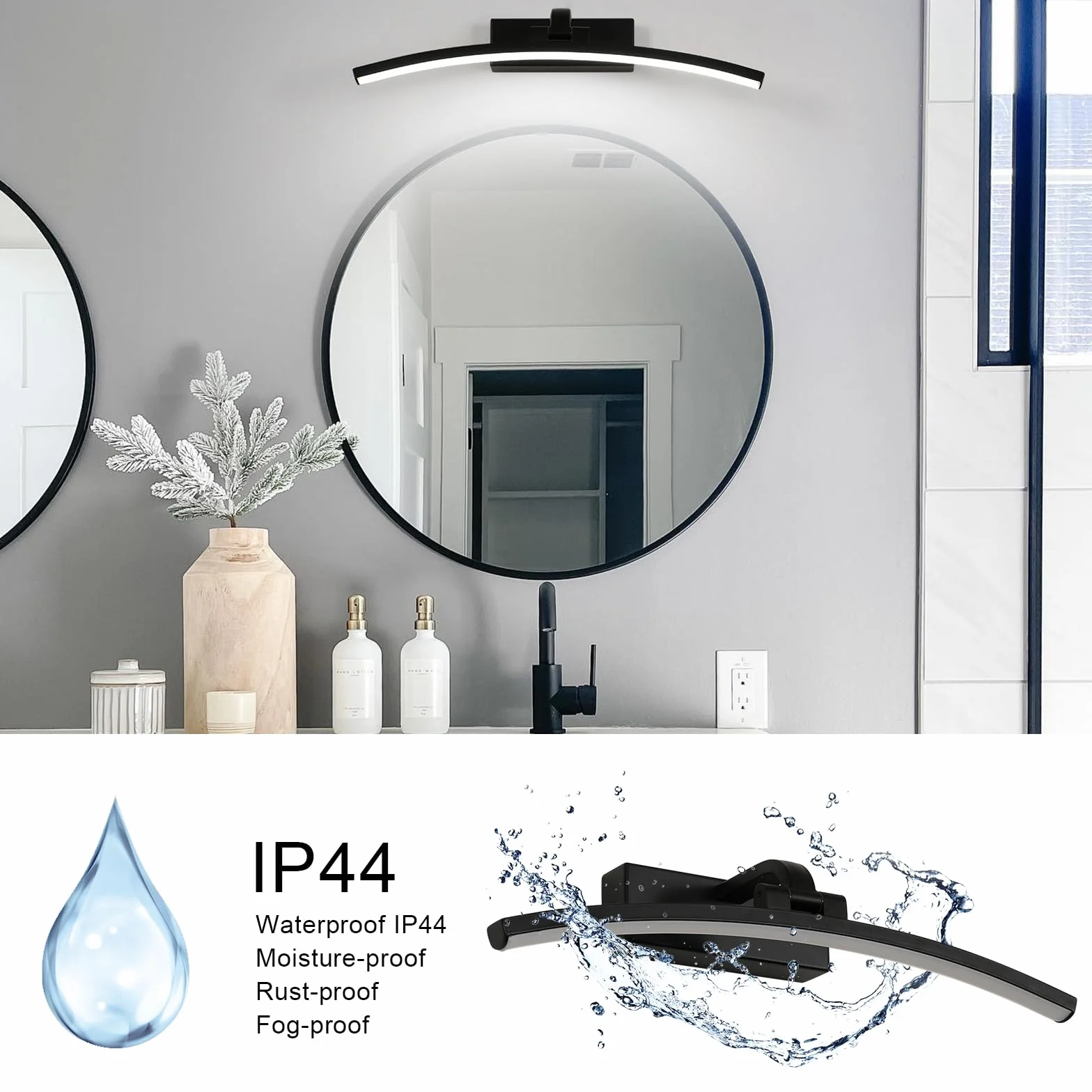 DELIPOP Spiegellampe Badezimmer Schwarz 40cm, 180 Grad Drehung Wandleuchte für Bad IP44, 8W LED Spiegelleuchte für Keller Küche Badschrank Vanitär Schrankleuchte Toilettenraum, Kaltweiß 6500K
