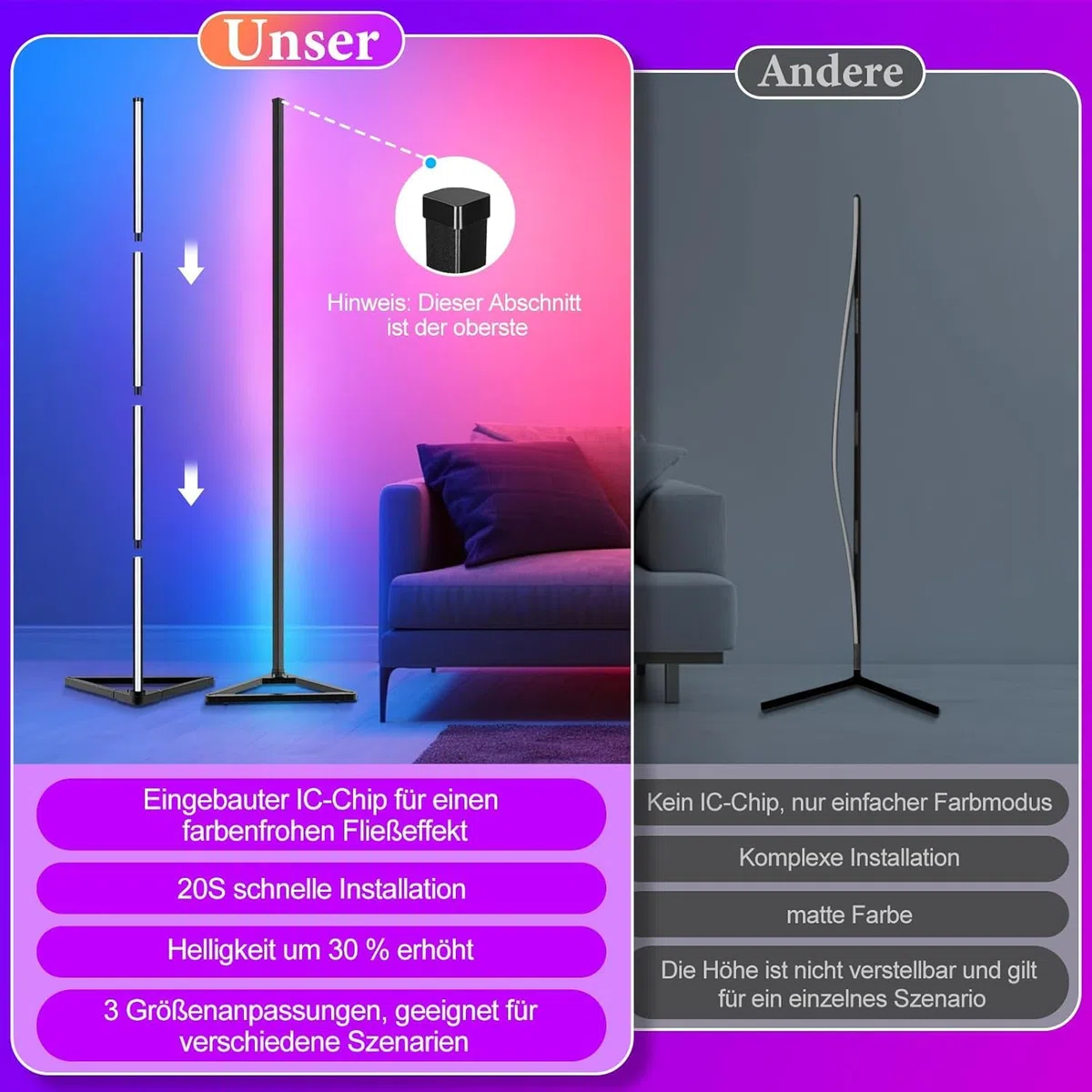 LED Stehlampe Wohnzimmer Dimmbar - 140cm Abnehmbar Stehlampe RGB mit Fernbedienung &APP, 16 Millionen Farben, Musik Sync, Timing-Funktio LED Standleuchte für Schlafzimmer Gaming-Zimmer Deko Wohnzimmer