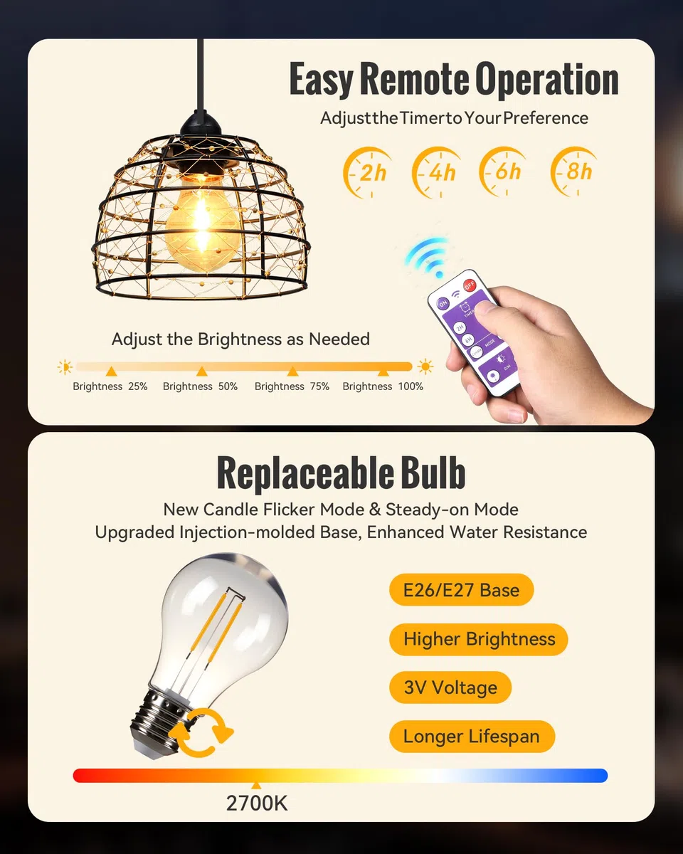 Hängelampe mit Batterien betrieben für Außen Innen, 2 Stück Boho LED Lampe Pendelleuchte mit Fernbedienung Helligkeit einstellbar, Timer IP65 wasserdicht für Garten Terrasse