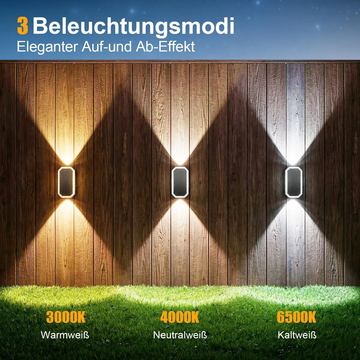 Solarlampen für Außen, Solar Wandleuchte Aussen Up and Down, Solarleuchten für Außen Wand Zaun Garten Winterfest IP65 Wasserdicht, 3 Lichtfarben Warmweiß Kaltweiß, 3000K/4000K/6500K, 4 Stück