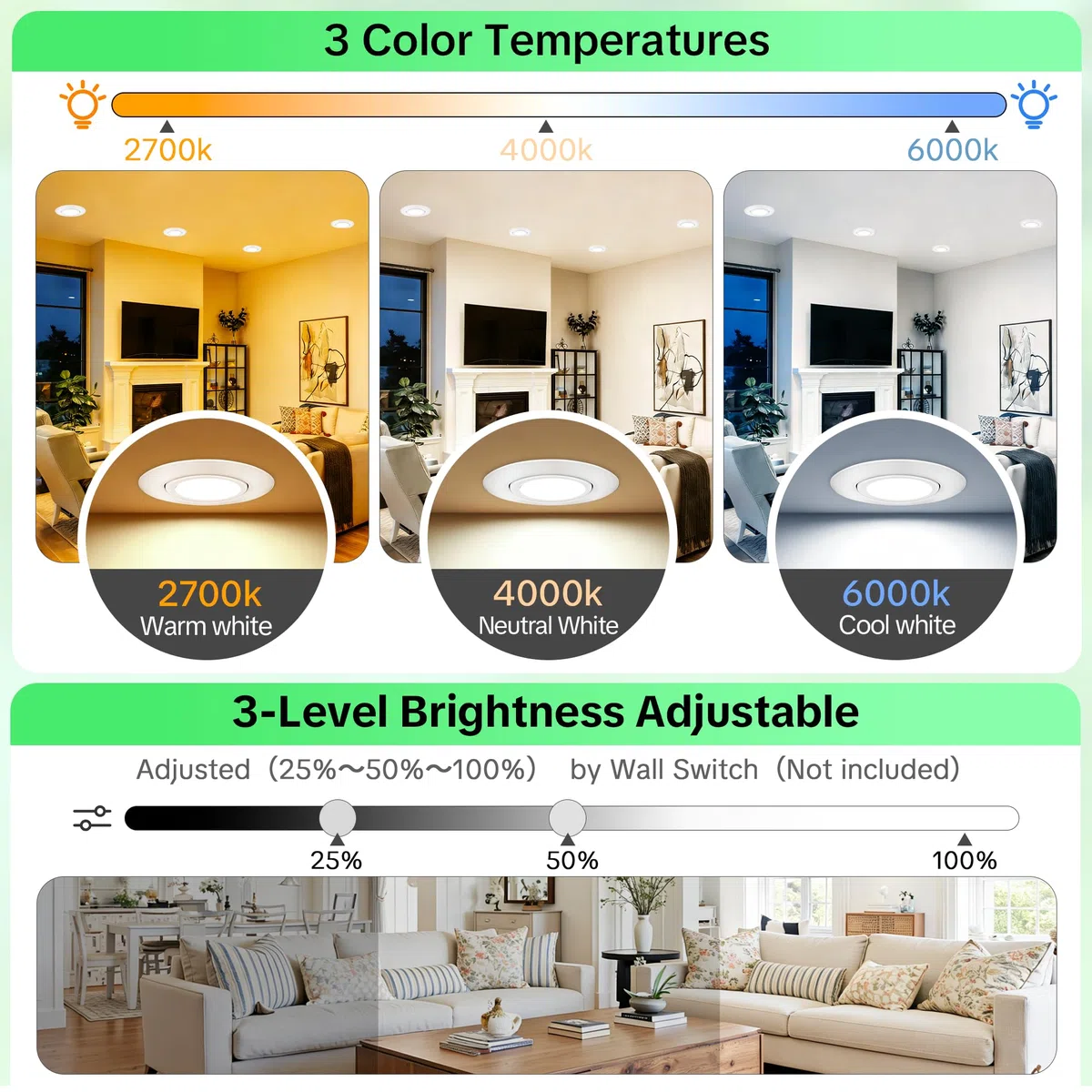 LED Einbaustrahler 230V Dimmbar, 6W IP44 LED Spots, 68mm Deckenspots 38° Schwenkbar 3000K/4000K/6000k für Badezimmer Küche Wohnzimmer Einbauspots Flach Einbauleuchten, Weiß, 6er Set