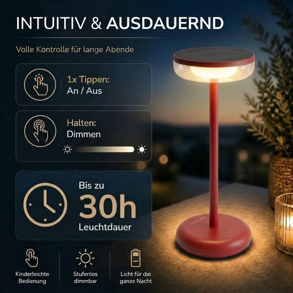 ZOLUNA Bobbie Solarlampen für Außen Tisch, 2700k, IP44 Wasserdicht, Outdoor Tischlampe, Solar Tischlampe Outdoor Stehlampe, LED Outdoor Lampe, Solar Tischleuchte, Evening Red 11x11x26,5cm