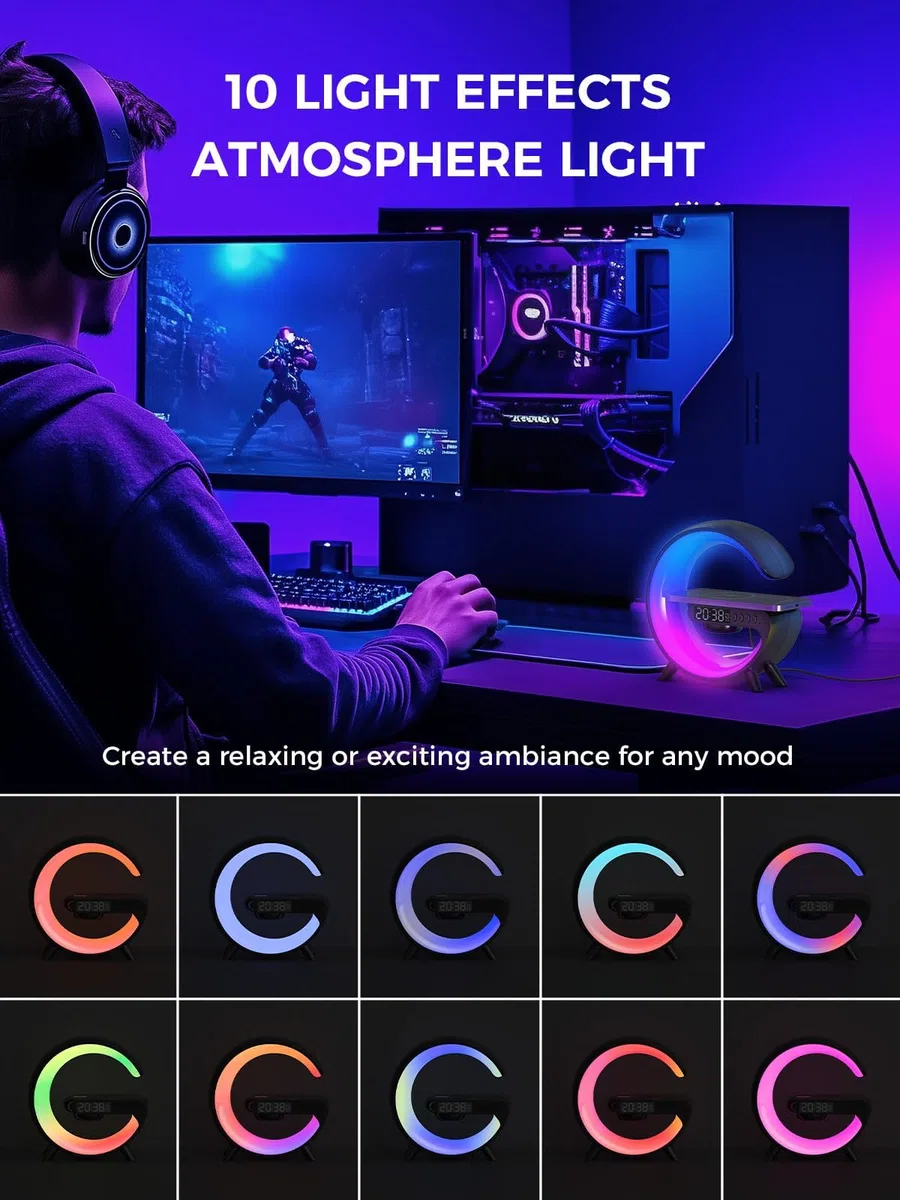Smiling Shark Lichtwecker, Intelligente Wecker Licht Atmosphärenlicht 10 Modus mit Kabelloses Ladegerät und Bluetooth Lautsprecher Taste Steuerung Sonnenaufgang Licht Wecker für Wohnzimmer