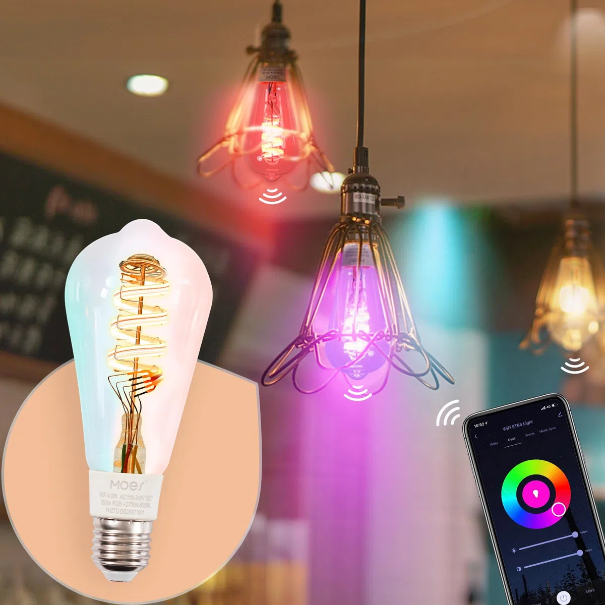 MOES Alexa Smart Glühbirne E27 Vintage, WLAN RGB LED Lampe, Dimmbar, 5W, 2700K-6500K Warmweiss & Kaltweiß, Edison Birne, Musiksynchronisation, 16 Mio. Farben, Kompatibel mit Alexa & Google Home,2 Pack