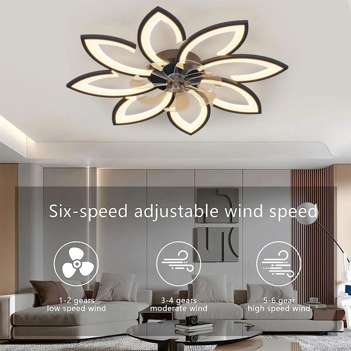 LED Deckenventilator Mit Beleuchtung 72W Dimmbar 3000K-6000K Stumm Reversibel Schwarz 8 Köpfe 90x15cm