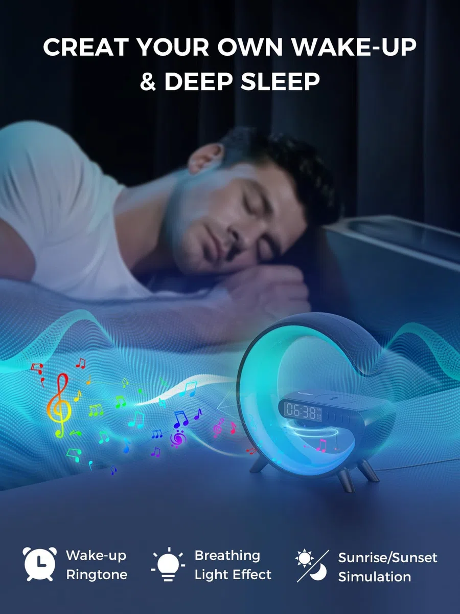 Smiling Shark Lichtwecker, Intelligente Wecker Licht Atmosphärenlicht 10 Modus mit Kabelloses Ladegerät und Bluetooth Lautsprecher Taste Steuerung Sonnenaufgang Licht Wecker für Wohnzimmer