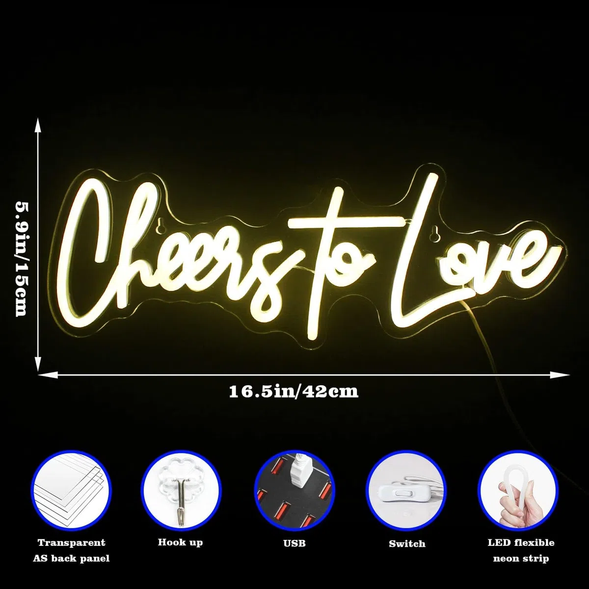 LookLight Cheers to Love Neonschild Warmweißes LED-Leuchtreklame Hochzeit Leuchtreklame USB Acrylic Brief Cheers Leuchtschild für Schlafzimmer Hochzeit Verlobungsfeier Dekoration