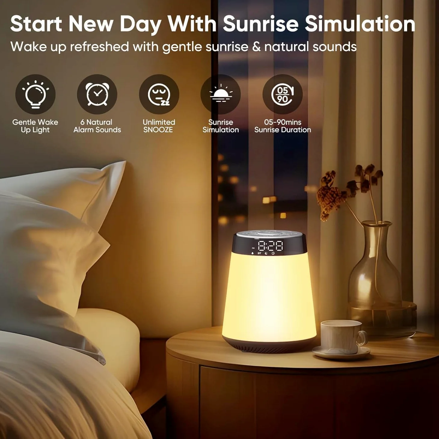Bluetooth Lautsprecher mit Licht Wecker Soundmaschine mit 30 beruhigenden Sounds & Schlaftimer, Touch Dimmbar Lampe und Nachtlicht Frauen Männer Mädchen Junge Kinder Teens
