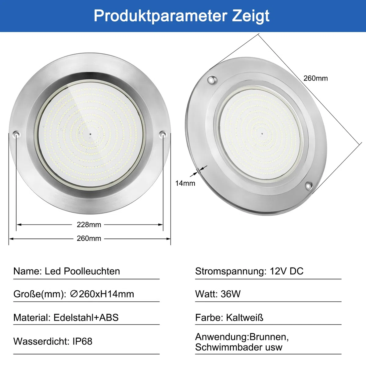 COOLWEST Harz Gefüllt LED Poolbeleuchtung Extra Flach, 36W Kalteweiß, IP68 Wasserdicht, 12V DC, 6000K
