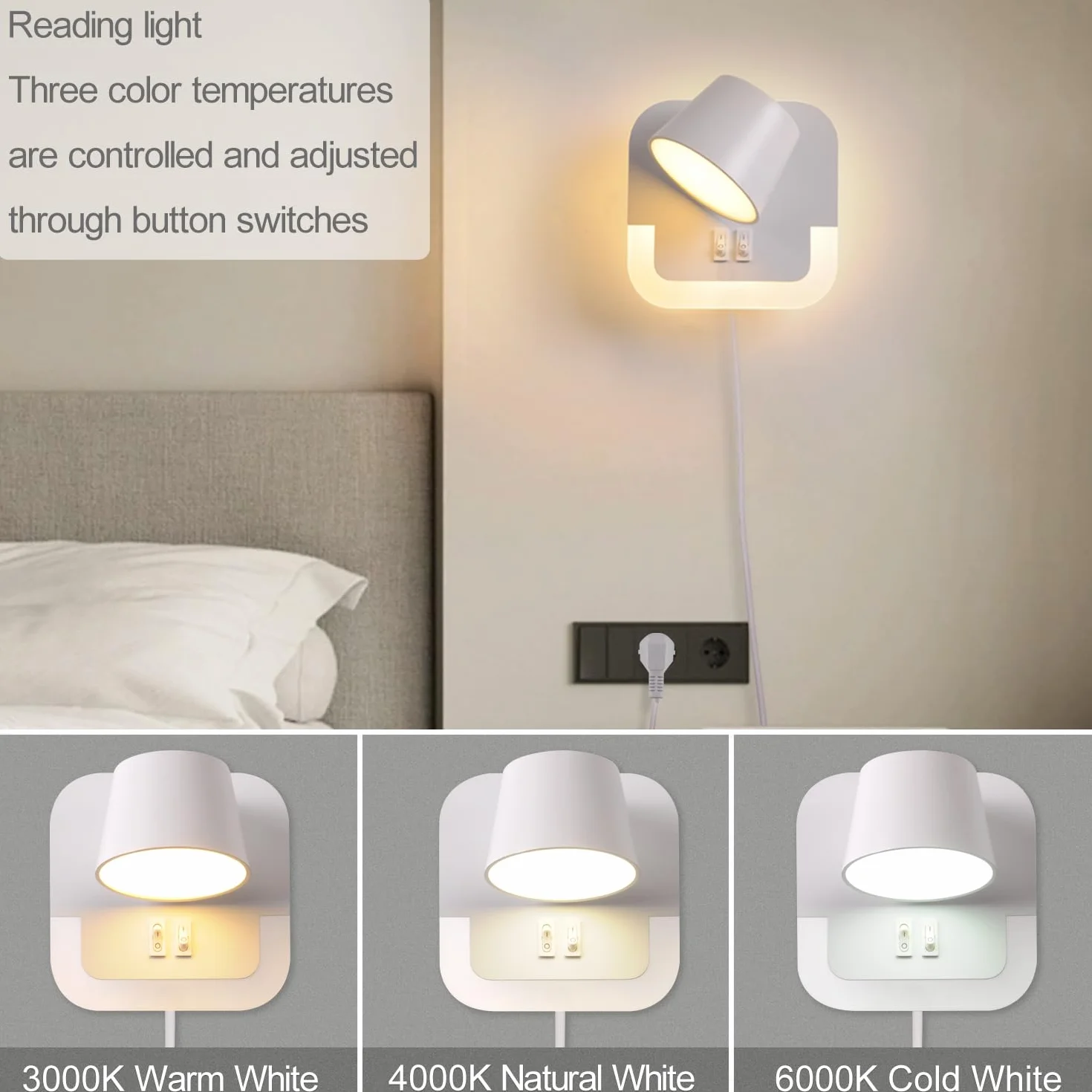 Leselampe Wandmontage Bett,LED Wandleuchte mit Schalter, 4W+8W Bettlampe Wandlampe Leselicht Schwenkbar für Schlafzimmer, Hotels wandleselampe nachttischlampe Mit Kabel,3000K Einstellbare Weiß