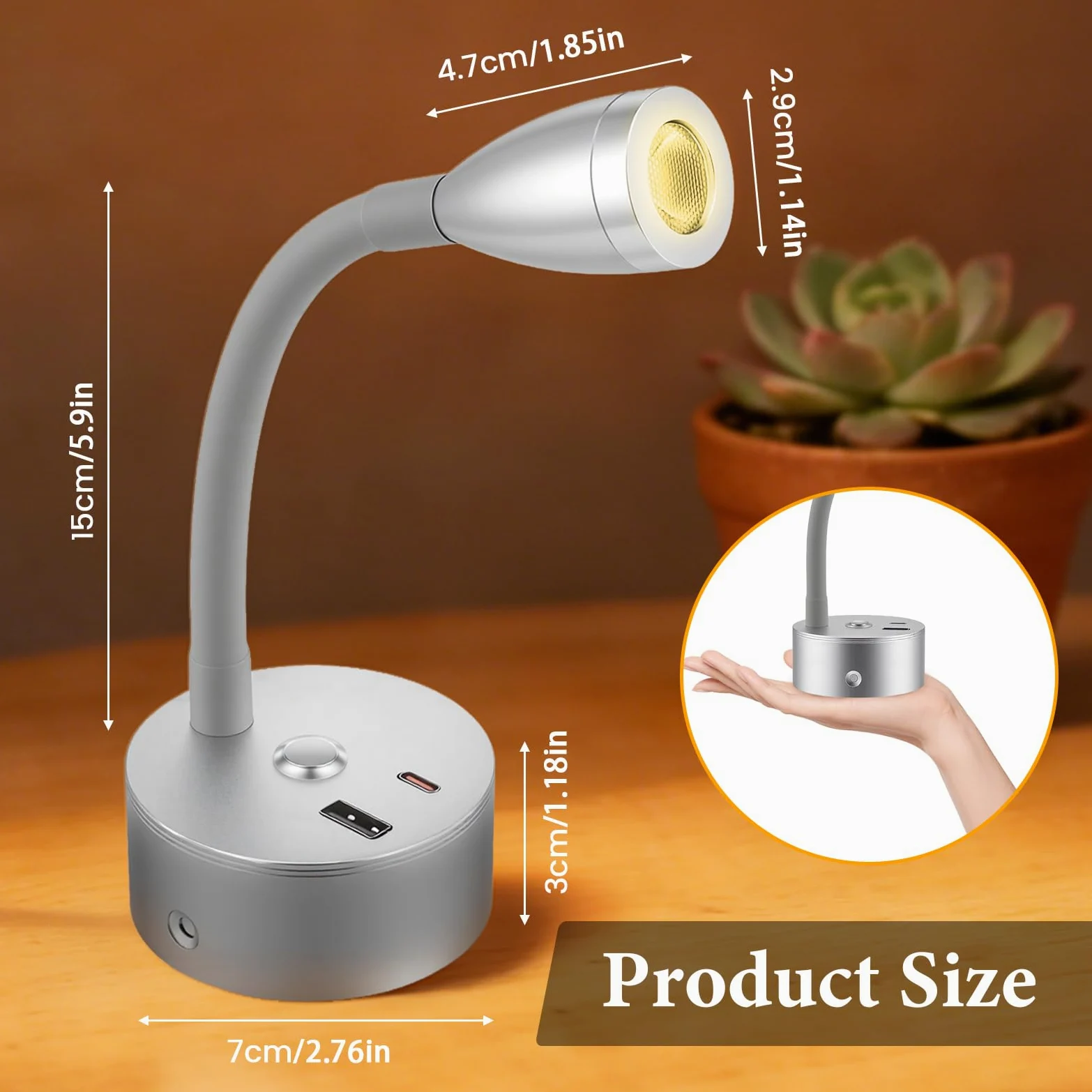 2 Stücke Wohnmobil Leselampe mit USB A+C-Ladegerät, 12V LED Wandlampe Spot Dimmbar DREI Farbtemperaturen, Schwanenhals Flexible Wandleuchte für Camper Van Caravan Boat Yacht (Silber)