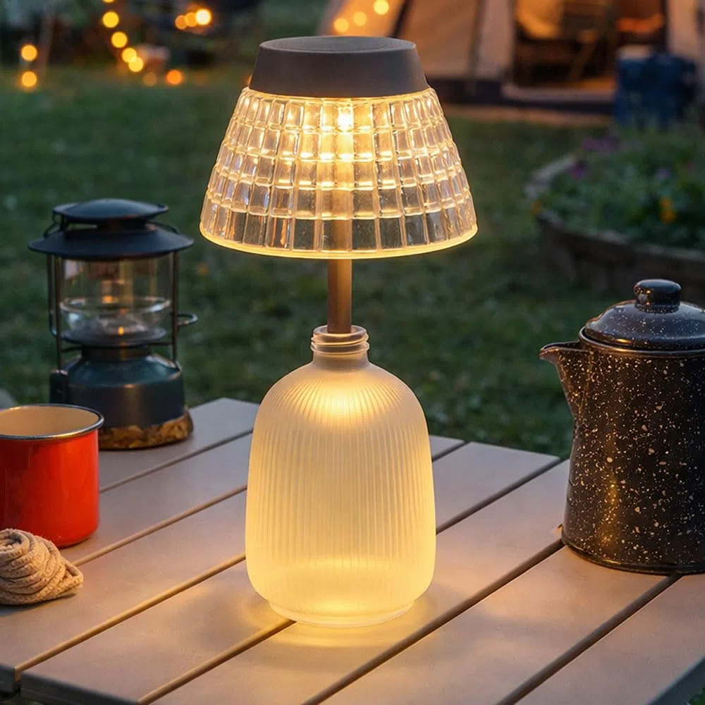 Solarlampe Tischleuchte Außenlampe klar Akku Glas LED Gartenlampe Balkonlampe, Acryl, Glas, LED 3000K warmweiß, DxH 13,5x27 cm, 2er Set