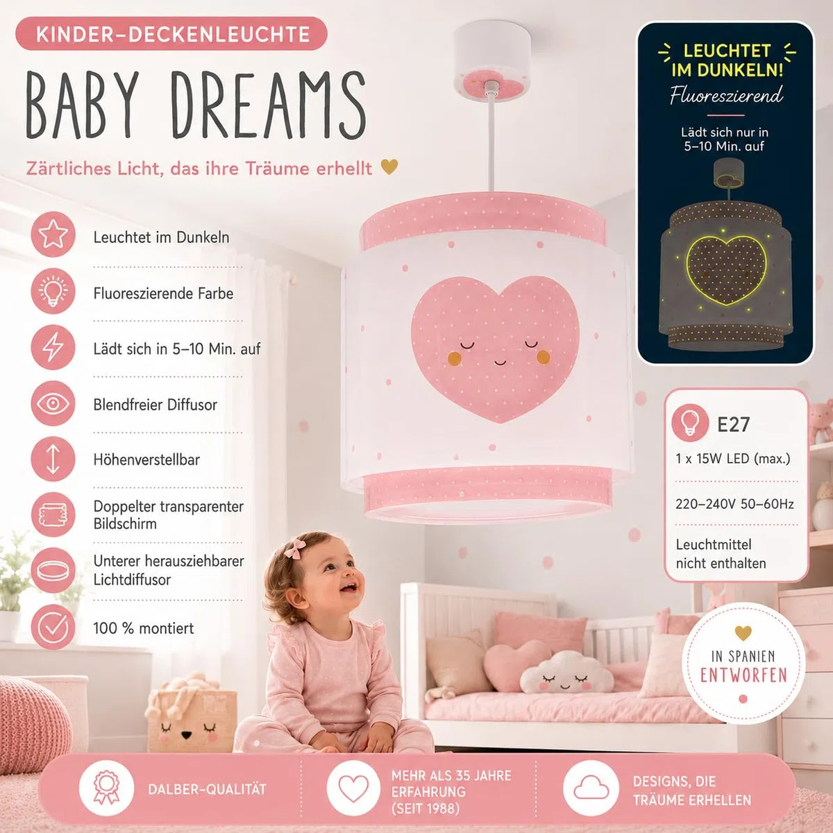 Dalber Kinder Pendelleuchte Baby Dreams Herz Rosa 76012MS | Hängelampe; Deckenleuchte; Kinderzimmer; E27 - 1 x 15W
