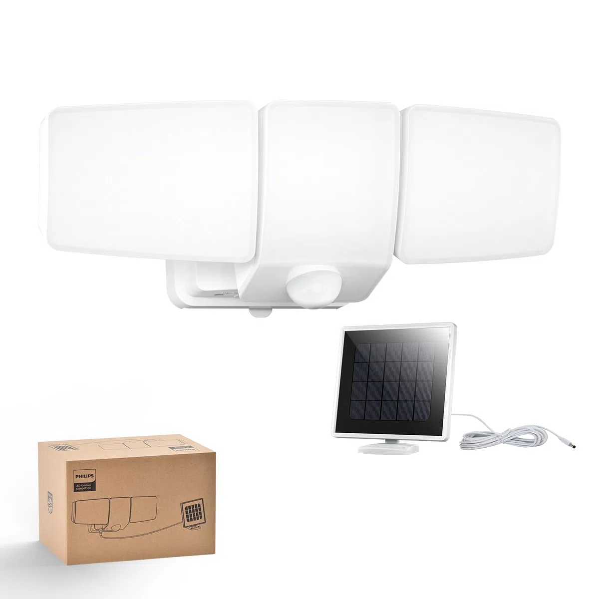 Philips 3600LM Solarlampen für Außen mit Bewegungsmelder, 5000K Wasserdichte Dimmbare LED, 3 Verstellbare Köpfe mit 5m Kabel, Separate Solarpanel mit 3 Modi Solar-Fluter für Hof, Garage