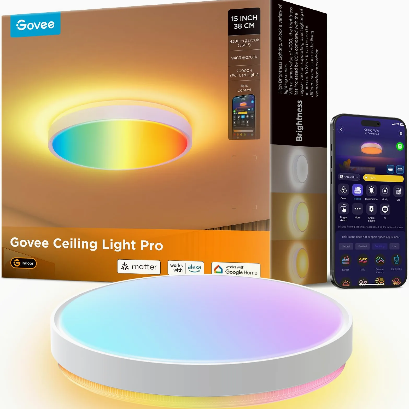 Govee Deckenlampe RGBIC 48,5W Smart LED Deckenleuchte 4300lm Kompatibel mit Matter Alexa Google Assistant Dimmbar Ø38cm