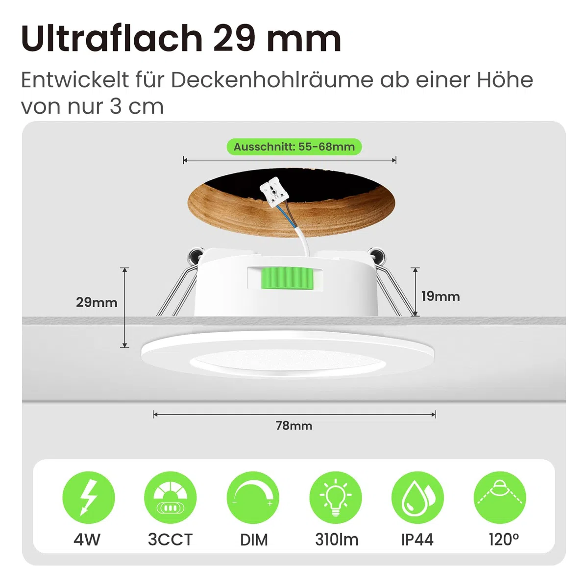 ALUSSO 12 Stück Einbaustrahler Led 68mm,4W LED Einbaustrahler Dimmbar AC 220-240V,Warmweiß 3000K Neutralweiß 4000K Kaltweiß 6500K IP44 Deckenspots für Badezimmer Küche Wohnzimmer,Weiß