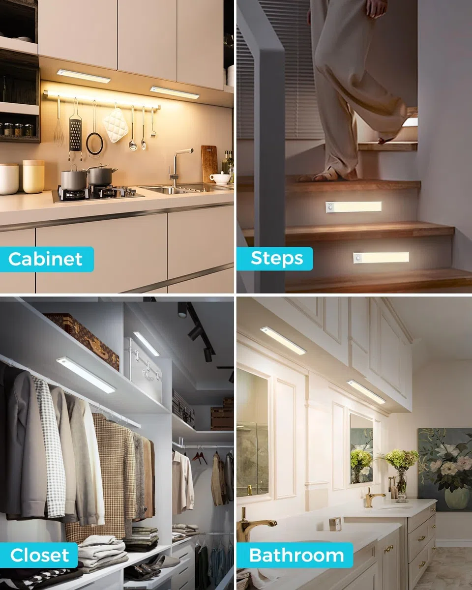 libtit 30CM Unterbauleuchte Küche Led, Dimmbar Schrankbeleuchtung mit Bewegungsmelder, 3000K-4000K-6500K Farbmodi, Hell USB Aufladbar Lichtleiste für Schrank Treppe Flur, 4Stück