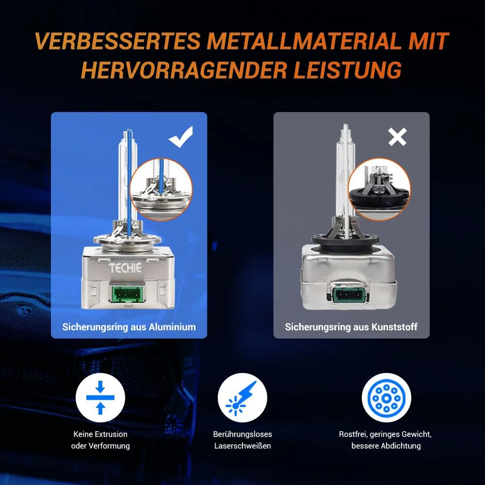 Techie D3S Xenon Brenner 8000k, 12V 35W Xenon Auto Scheinwerferlampe, Kaltblau Aluminium Fahrzeugscheinwerferbirne, HID Entladungs Lampe Ersatz Kit– 2 Stück (D3S-8000K)
