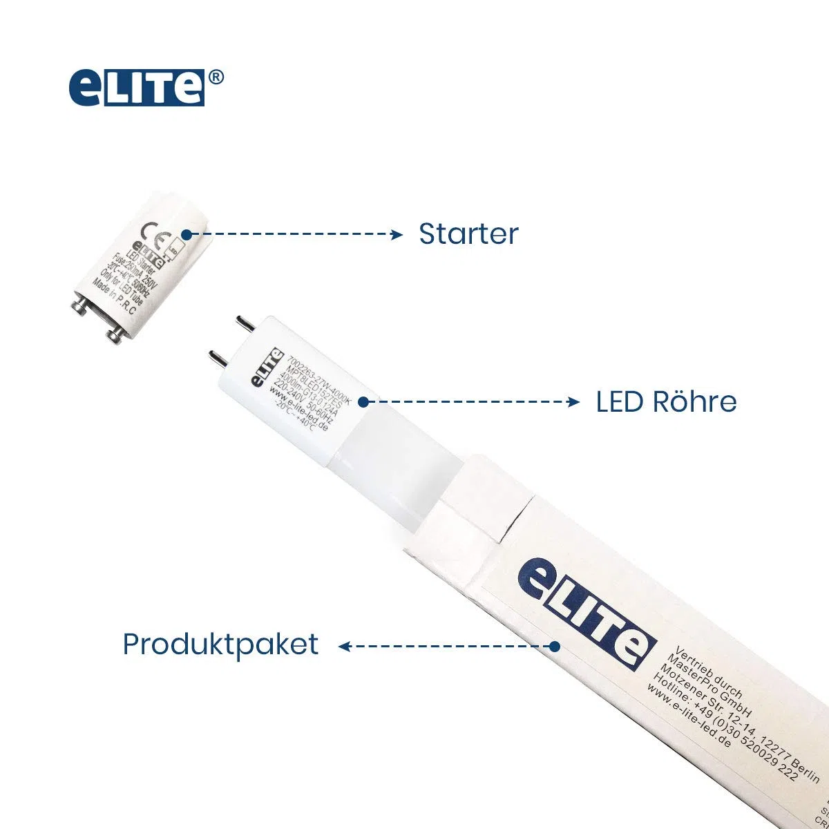 eLITe LED Röhre T8, 150cm, sehr hell, 3250lm, 24W, 865, 6500 Kelvin, Tageslichtweiß, 330 Grad, homogenes Licht, Glas, langlebig 50.000h, 5 Jahre Garantie, 27mm Durchmesser, inkl. Starter, 5 Stück