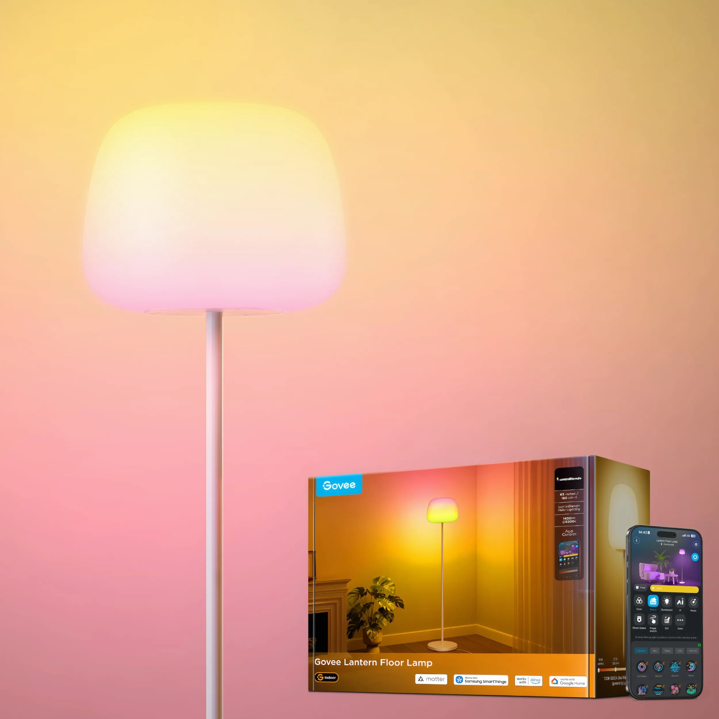 Govee LED Stehlampe RGBICWW 160cm Dimmbar 1000K-10000K 1400lm Matter Alexa Kompatibel Weiß Silikonkopf