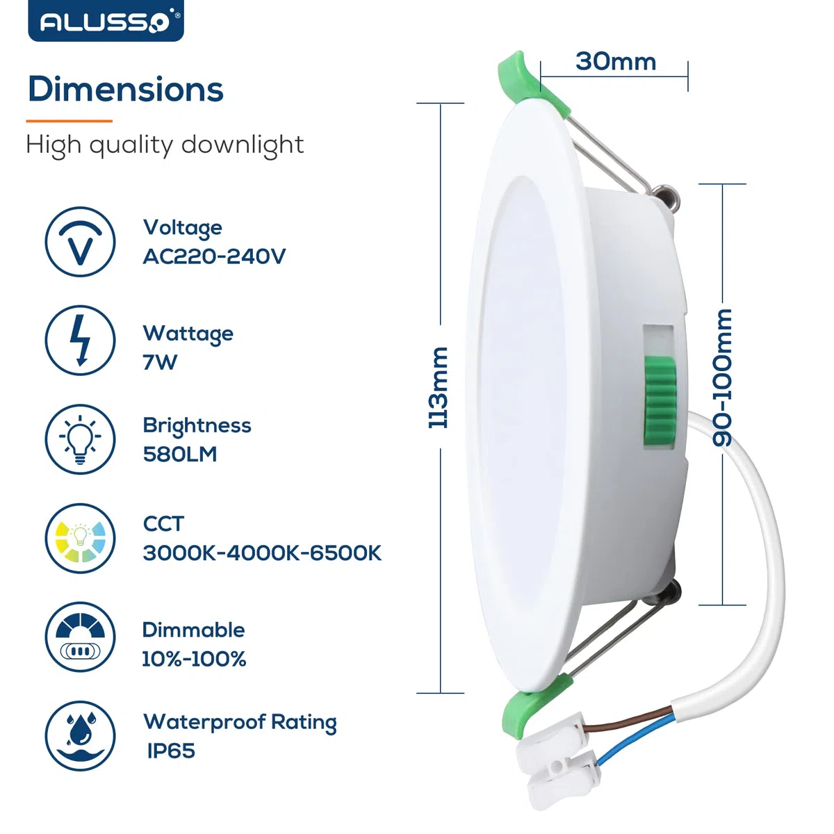 ALUSSO LED Einbaustrahler Ultra Flach 7W 230V, Dimmbare Deckenspots IP65 Badezimmer, 580LM Spots, Warmweiß 3000K Neutralweiß 4000K Kaltweiß 6500K Einbauspots für Küche Wohnzimmer, 6er Set